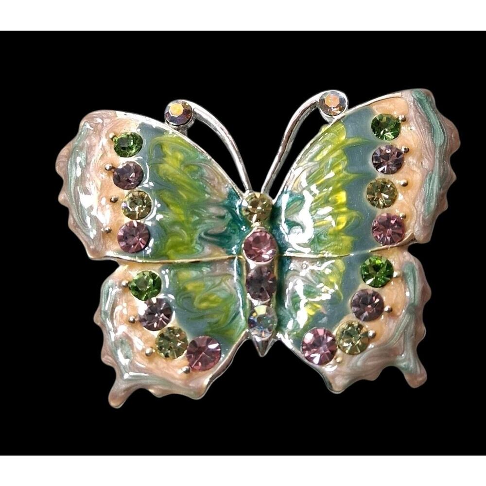 Vintage Old Stock Bejeweled Green Pink Butterfly Brooch Bale Crystals Nature